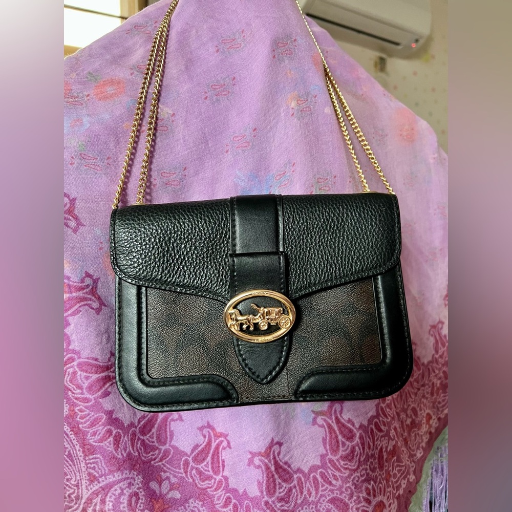 Coach Georgie Crossbody Bag Black Pebble Leather Signature Canvas –Gold Hardware